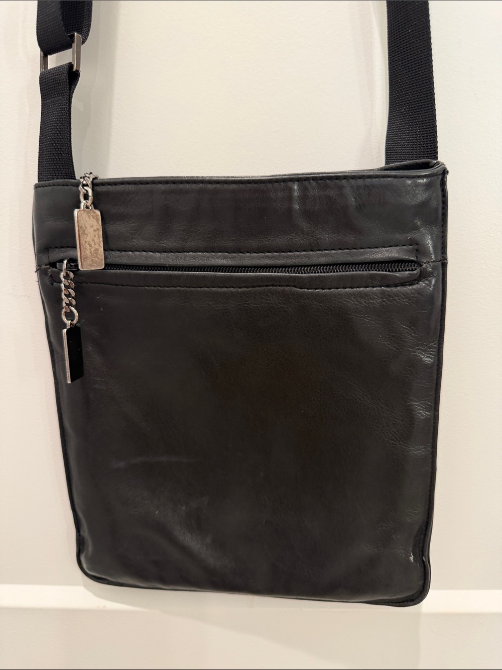 Bloomingdale's Black Leather Crossbody Bag with Silver Accents
